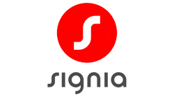 The image shows the Signia logo with a red circle containing a white curved S shape above the word signia in lowercase gray letters.