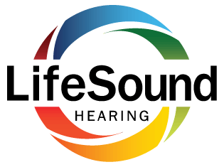 LifeSound Hearing logo with the company name in bold black letters. A multicolored circular swirl in red, blue, green, yellow, and orange surrounds the text. The word HEARING appears below LifeSound.